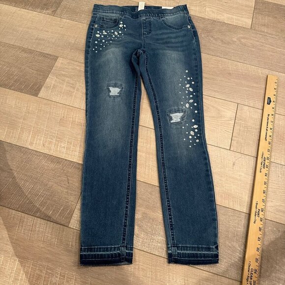 JUSTICE GIRLS PULL ON RHINESTONE DENIM LEGGINGS NEW SIZE 14 MID RISE - Picture 1 of 10